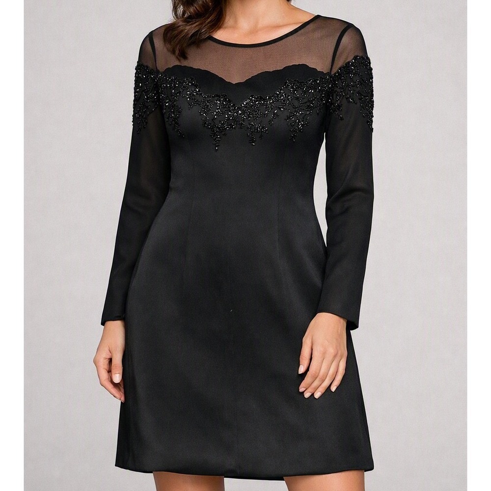 Oleg Cassini Black Tie Silk Beaded Illusion Dress Black Long Sleeve Size 8